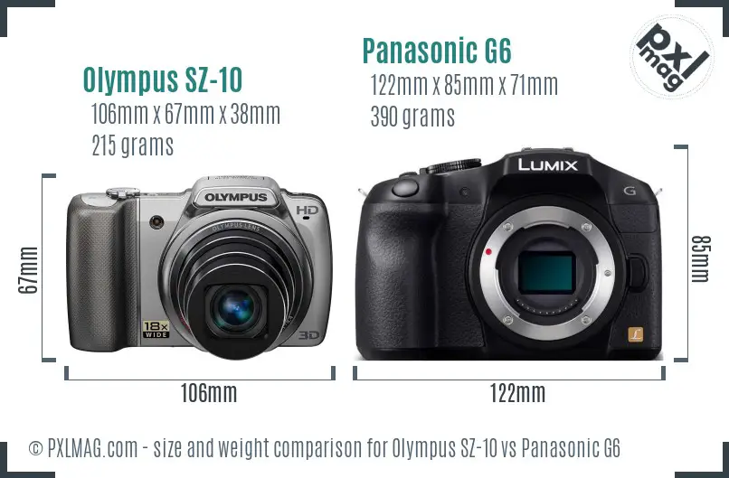 Olympus SZ-10 vs Panasonic G6 size comparison