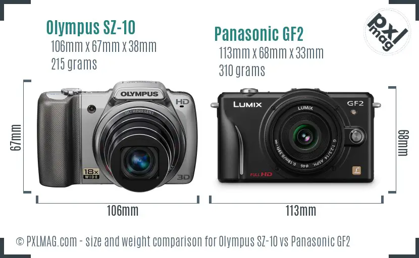 Olympus SZ-10 vs Panasonic GF2 size comparison Olympus SZ-10 vs Panasonic GF2 size comparison