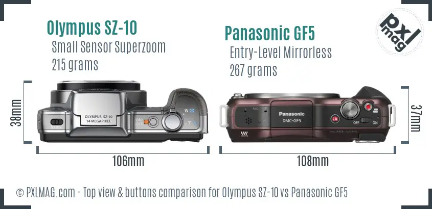 Olympus SZ-10 vs Panasonic GF5 top view buttons comparison