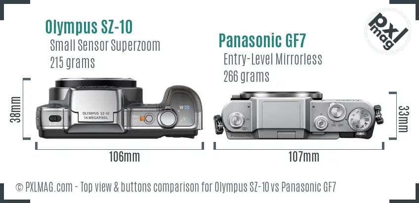 Olympus SZ-10 vs Panasonic GF7 top view buttons comparison