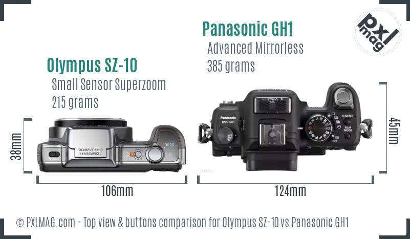 Olympus SZ-10 vs Panasonic GH1 top view buttons comparison