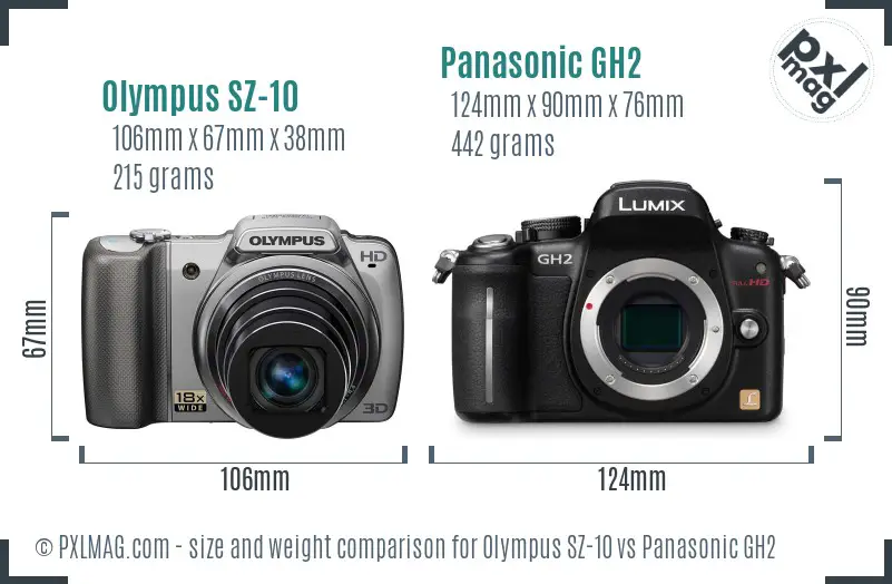 Olympus SZ-10 vs Panasonic GH2 size comparison