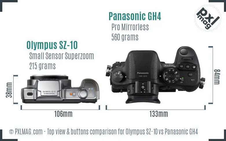 Olympus SZ-10 vs Panasonic GH4 top view buttons comparison