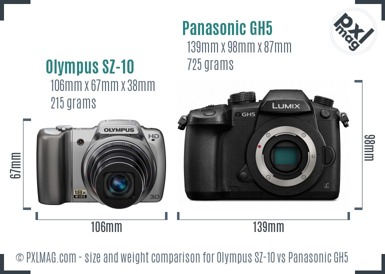 Olympus SZ-10 vs Panasonic GH5 size comparison