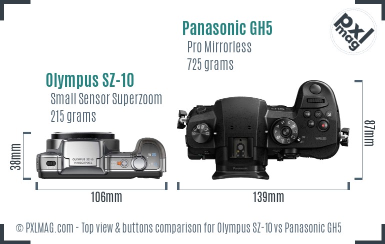 Olympus SZ-10 vs Panasonic GH5 top view buttons comparison