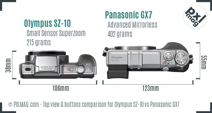 Olympus SZ-10 vs Panasonic GX7 top view buttons comparison