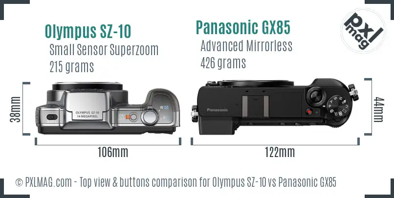 Olympus SZ-10 vs Panasonic GX85 top view buttons comparison