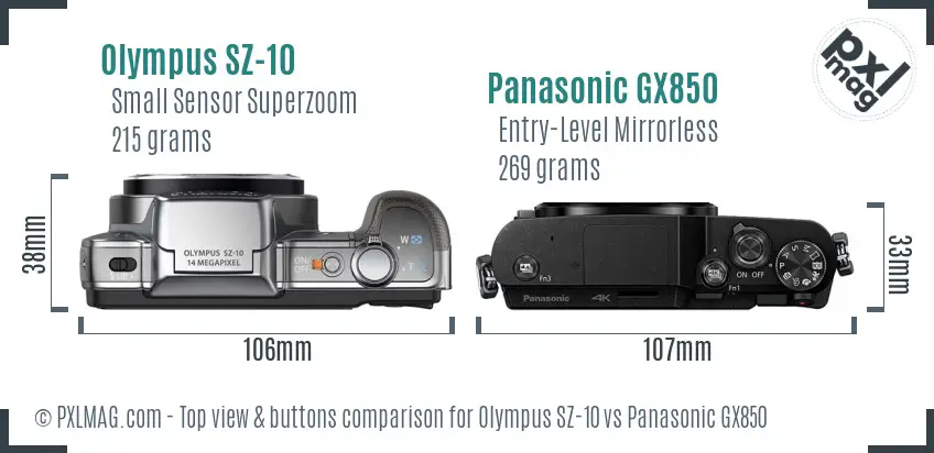 Olympus SZ-10 vs Panasonic GX850 top view buttons comparison