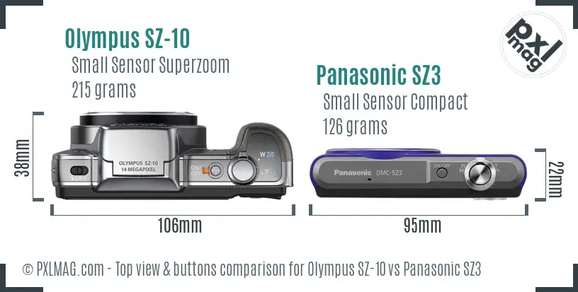 Olympus SZ-10 vs Panasonic SZ3 top view buttons comparison