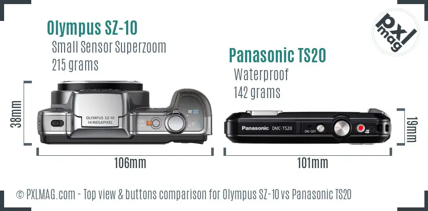 Olympus SZ-10 vs Panasonic TS20 top view buttons comparison
