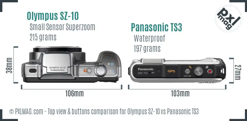 Olympus SZ-10 vs Panasonic TS3 top view buttons comparison