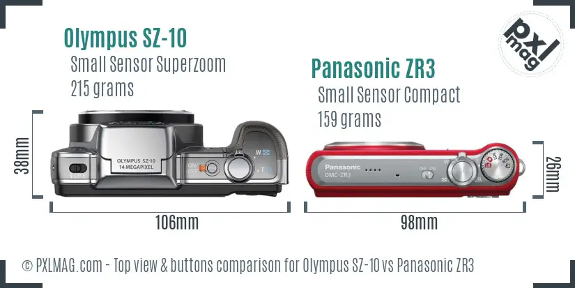 Olympus SZ-10 vs Panasonic ZR3 top view buttons comparison