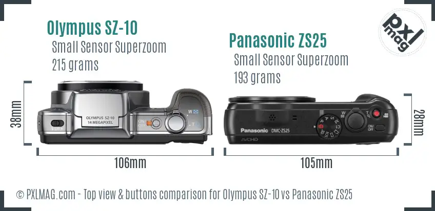 Olympus SZ-10 vs Panasonic ZS25 top view buttons comparison