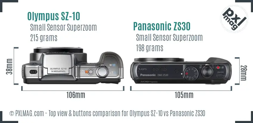 Olympus SZ-10 vs Panasonic ZS30 top view buttons comparison