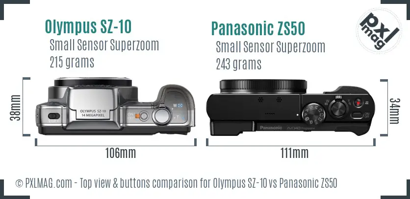 Olympus SZ-10 vs Panasonic ZS50 top view buttons comparison