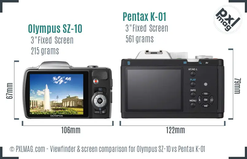 Olympus SZ-10 vs Pentax K-01 Screen and Viewfinder comparison