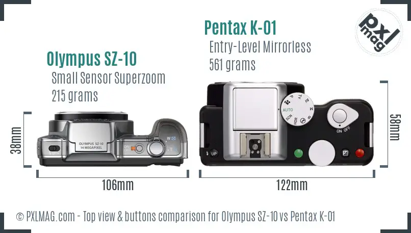 Olympus SZ-10 vs Pentax K-01 top view buttons comparison