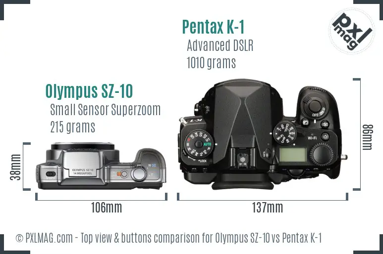Olympus SZ-10 vs Pentax K-1 top view buttons comparison
