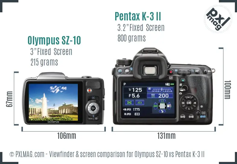Olympus SZ-10 vs Pentax K-3 II Screen and Viewfinder comparison