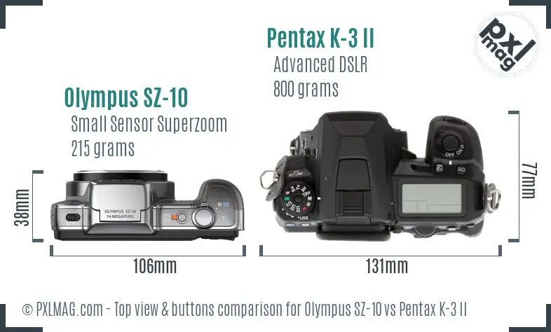 Olympus SZ-10 vs Pentax K-3 II top view buttons comparison