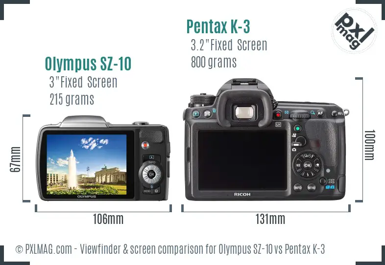 Olympus SZ-10 vs Pentax K-3 Screen and Viewfinder comparison