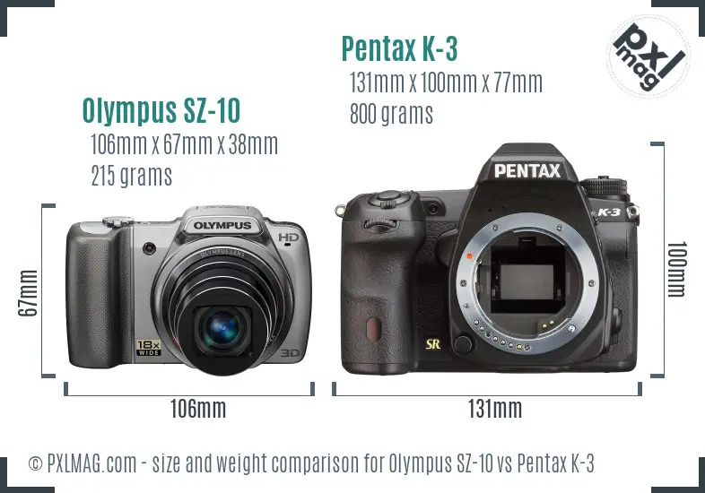Olympus SZ-10 vs Pentax K-3 size comparison