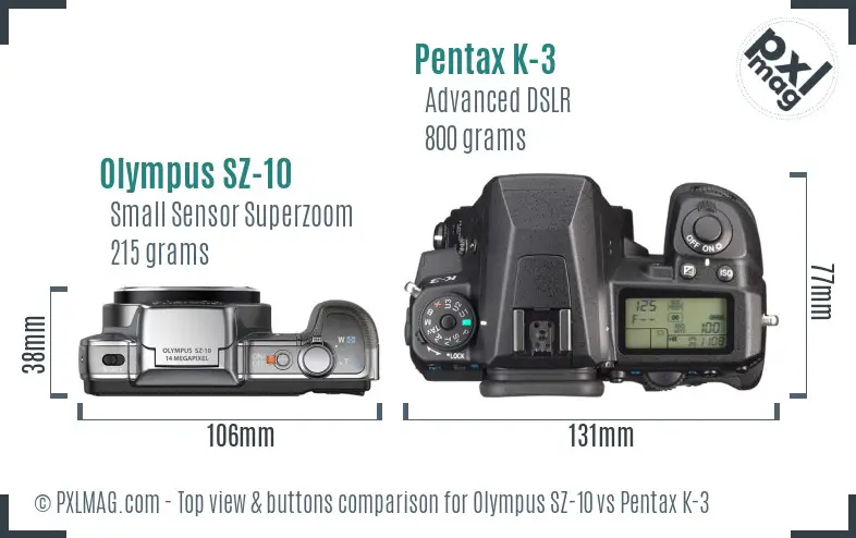 Olympus SZ-10 vs Pentax K-3 top view buttons comparison