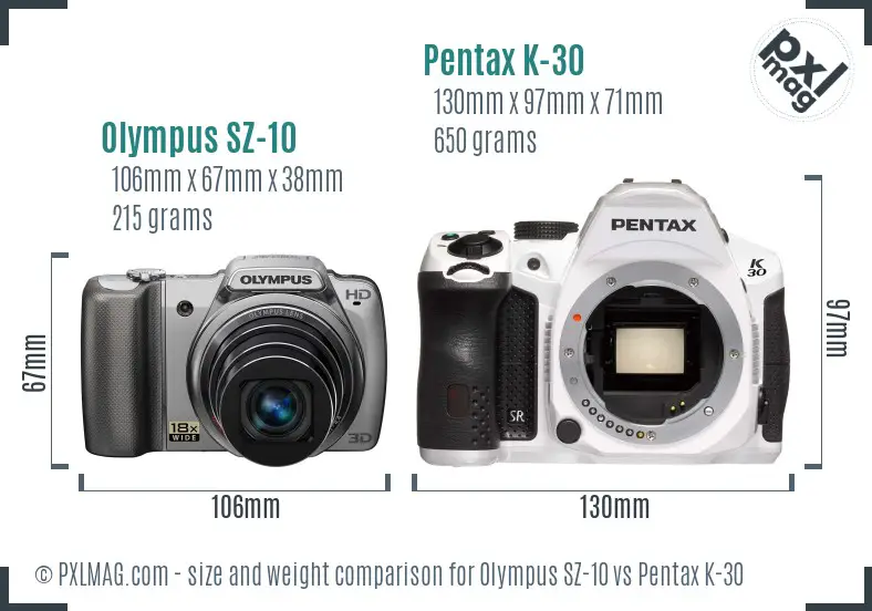 Olympus SZ-10 vs Pentax K-30 size comparison