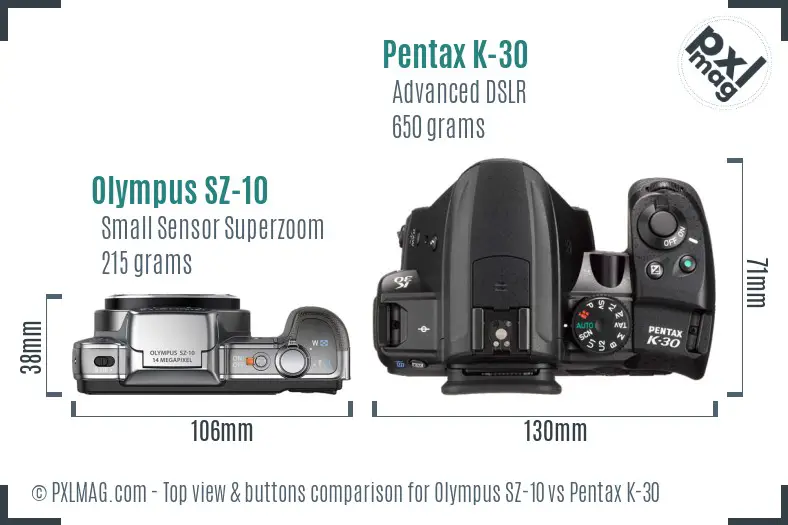 Olympus SZ-10 vs Pentax K-30 top view buttons comparison