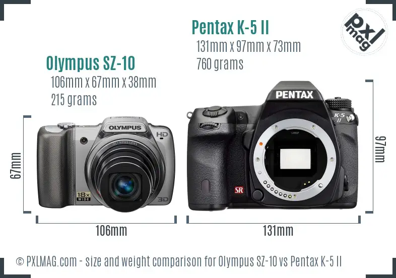 Olympus SZ-10 vs Pentax K-5 II size comparison