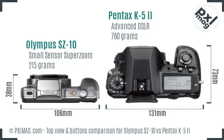 Olympus SZ-10 vs Pentax K-5 II top view buttons comparison