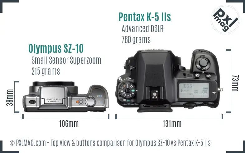 Olympus SZ-10 vs Pentax K-5 IIs top view buttons comparison
