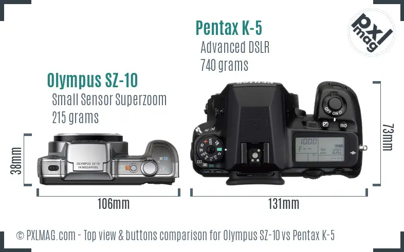 Olympus SZ-10 vs Pentax K-5 top view buttons comparison