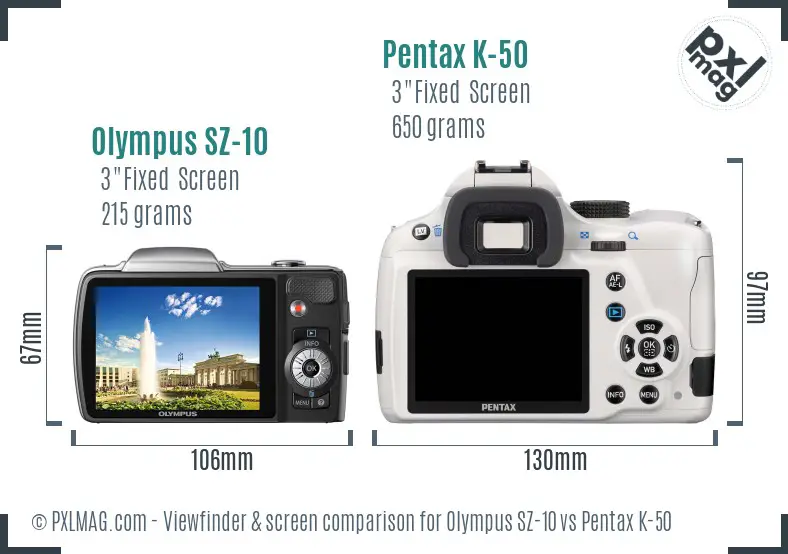 Olympus SZ-10 vs Pentax K-50 Screen and Viewfinder comparison