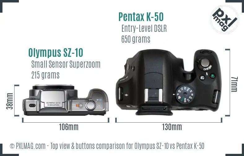 Olympus SZ-10 vs Pentax K-50 top view buttons comparison