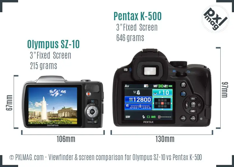 Olympus SZ-10 vs Pentax K-500 Screen and Viewfinder comparison