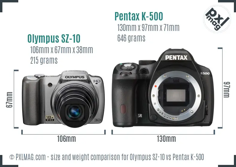 Olympus SZ-10 vs Pentax K-500 size comparison