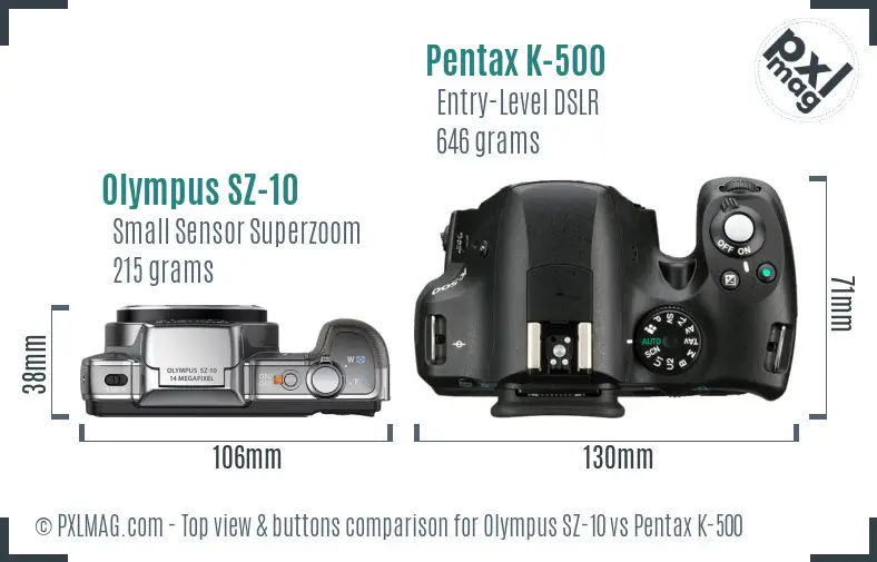 Olympus SZ-10 vs Pentax K-500 top view buttons comparison