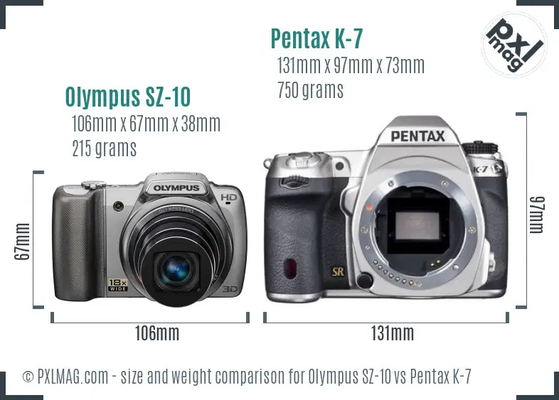 Olympus SZ-10 vs Pentax K-7 size comparison