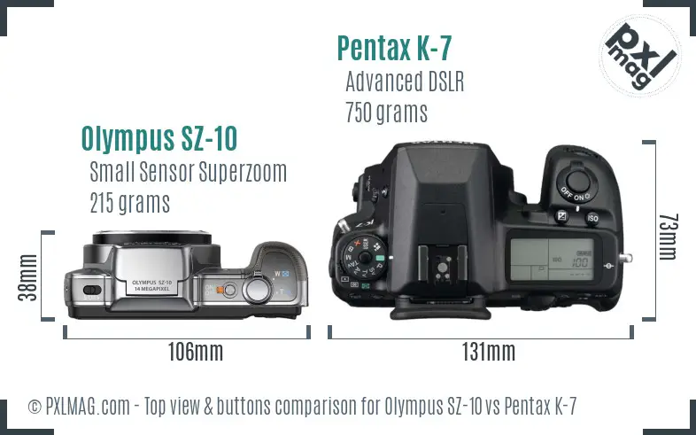 Olympus SZ-10 vs Pentax K-7 top view buttons comparison