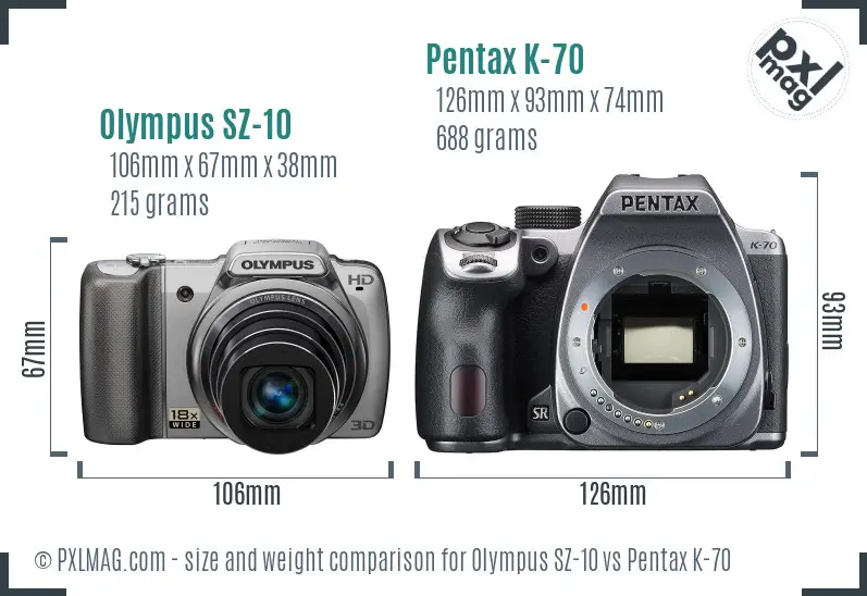 Olympus SZ-10 vs Pentax K-70 size comparison