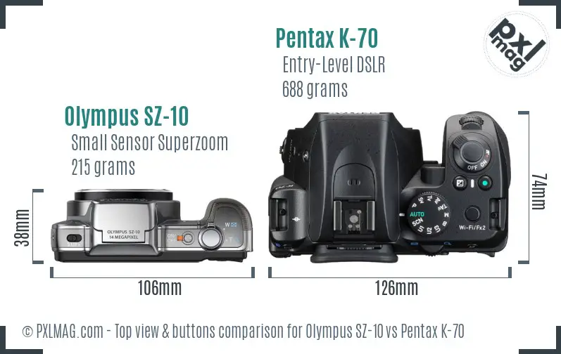 Olympus SZ-10 vs Pentax K-70 top view buttons comparison