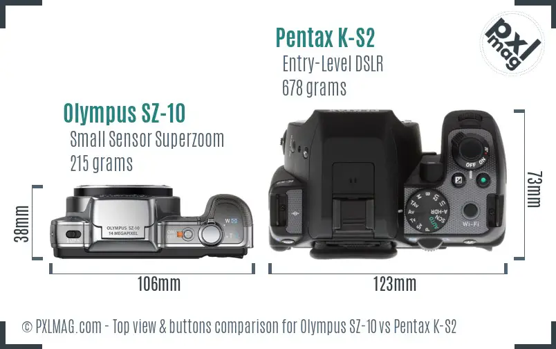Olympus SZ-10 vs Pentax K-S2 top view buttons comparison