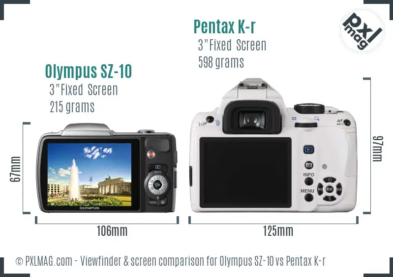 Olympus SZ-10 vs Pentax K-r Screen and Viewfinder comparison