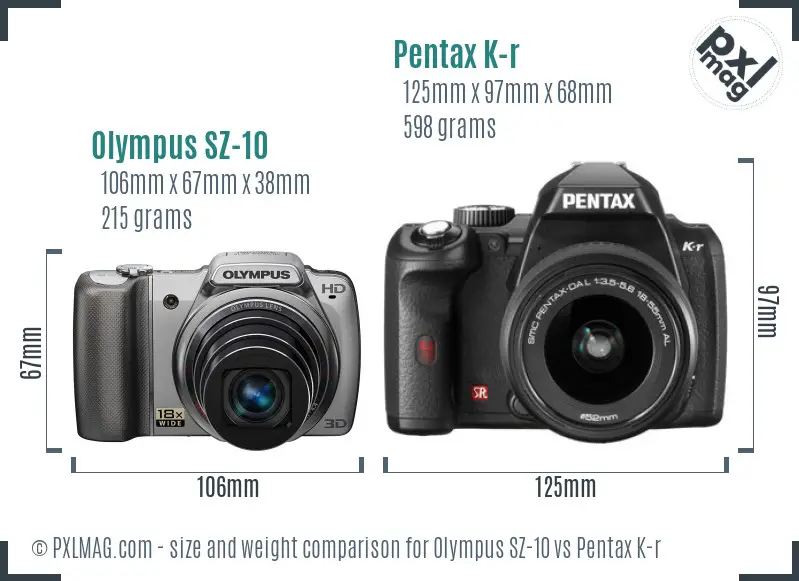 Olympus SZ-10 vs Pentax K-r size comparison