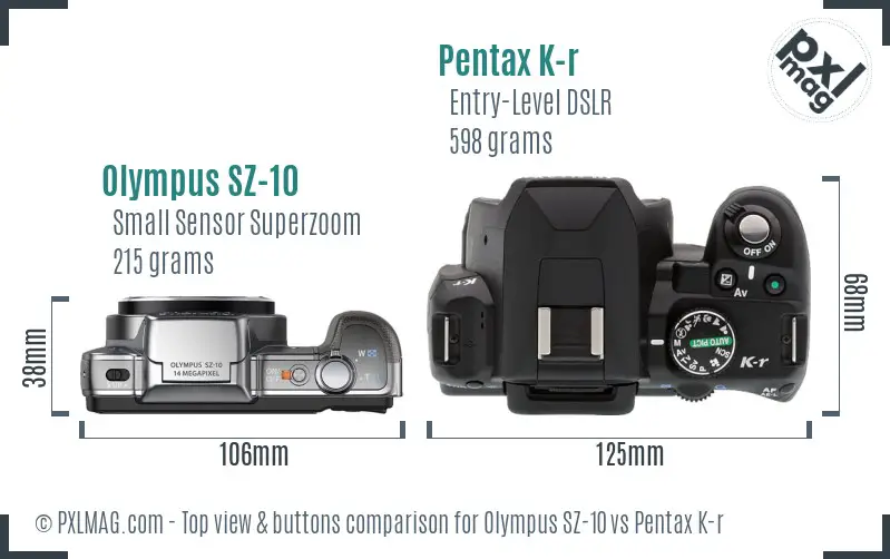 Olympus SZ-10 vs Pentax K-r top view buttons comparison