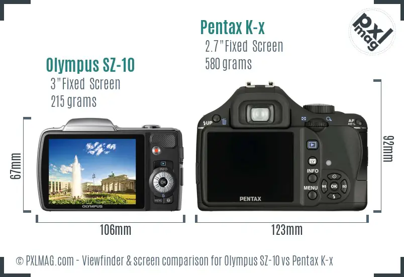 Olympus SZ-10 vs Pentax K-x Screen and Viewfinder comparison