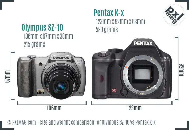 Olympus SZ-10 vs Pentax K-x size comparison