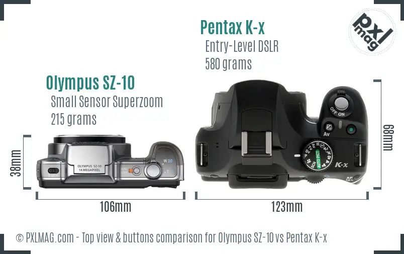 Olympus SZ-10 vs Pentax K-x top view buttons comparison