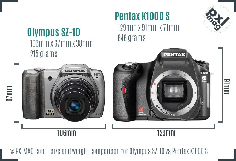 Olympus SZ-10 vs Pentax K100D S size comparison
